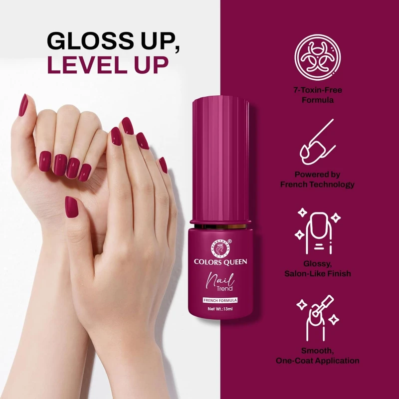 Colors Queen Nail Trend Glossy Nail Polish | Chip Resisting & Quick Drying Nail Paint with High Shine | 7 Toxin Free Formula | Vegan & Cruelty Free | Long Lasting & Vibrant Nail Paint for Women (Amaranh Red, 13ml) thumbnail 3